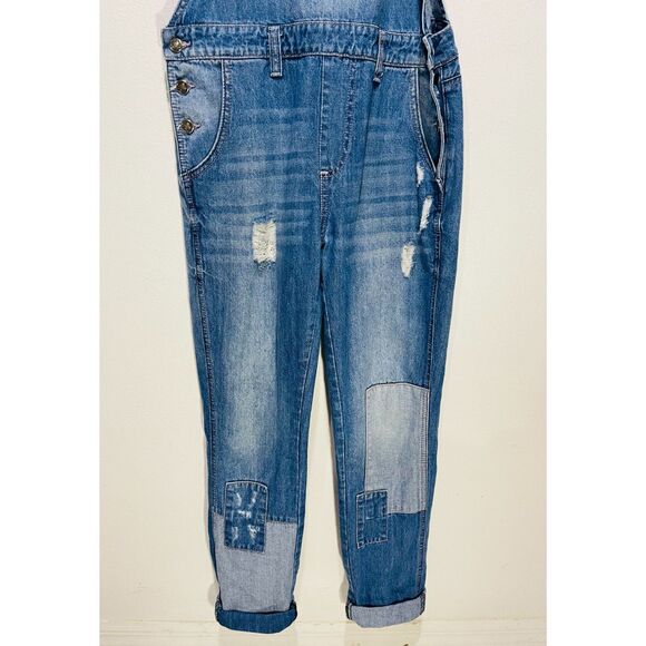 PacifiKa denim overalls romper jeans button fly pockets patched blue women's M - Picture 6 of 8